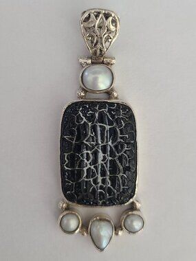 Unique Black Stone, Pearl, and Sterling Silver Pendant